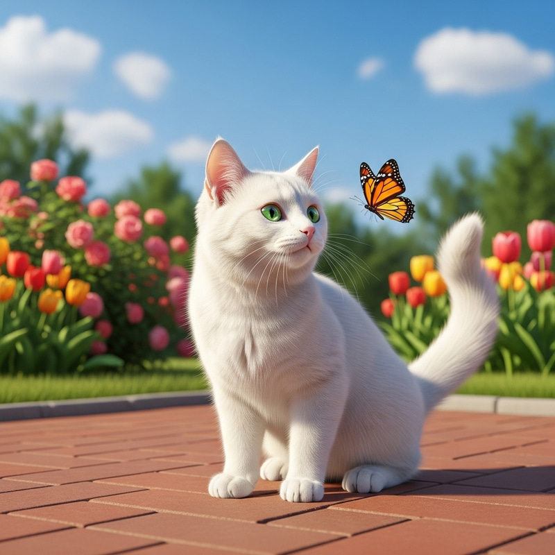 Fluffy White Cat Gazing at Butterfly in Beautiful Garden Fluffy White Cat Gazing at Butterfly in Beautiful Garden