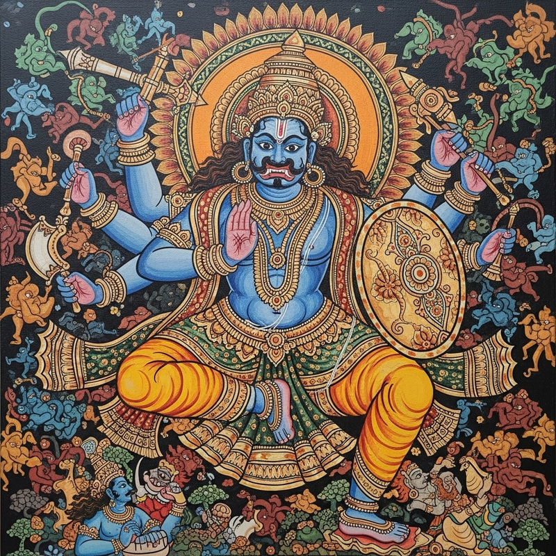 Veerbhadra - Fierce Warrior Deity in Vibrant Indian Art Style