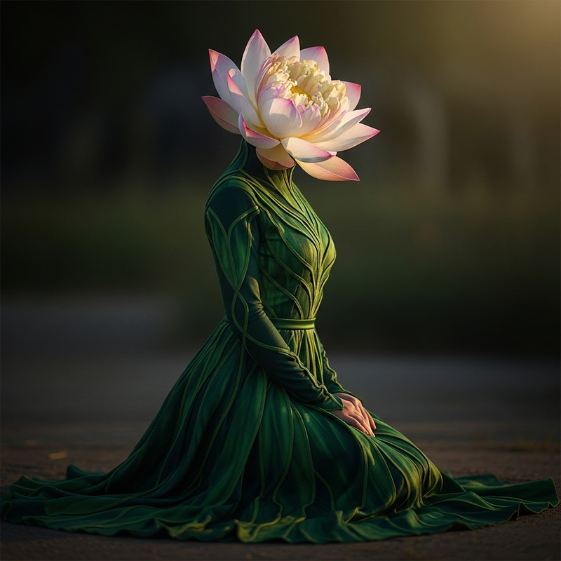 Green Plant Lady with Lotus Flower Head - Serenity and Elegance Green Plant Lady with Lotus Flower Head - Serenity and Elegance