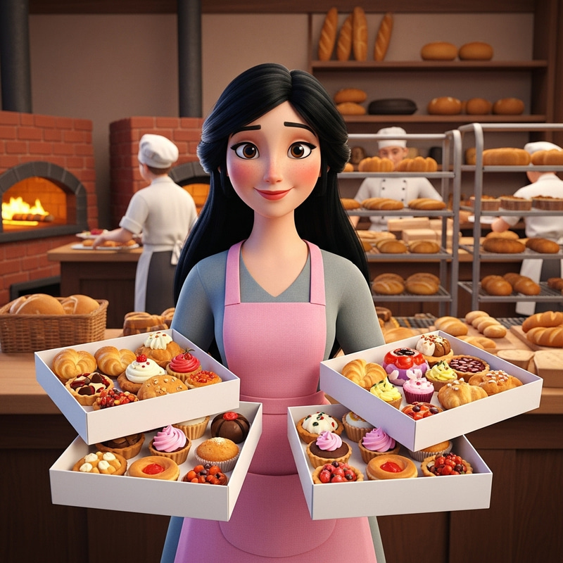 Pixar 3D Style: Black-Haired Woman Baker with Bite-Sized Pastries Pixar 3D Style: Black-Haired Woman Baker with Bite-Sized Pastries