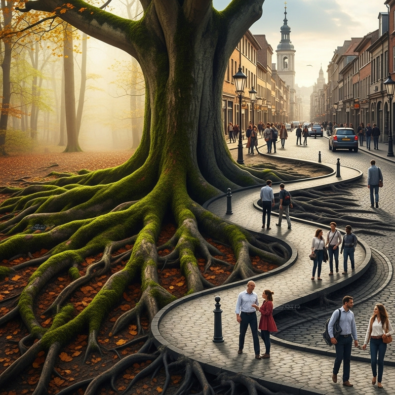 Tree Roots Merge with City Roads | Urban Transformation Scene