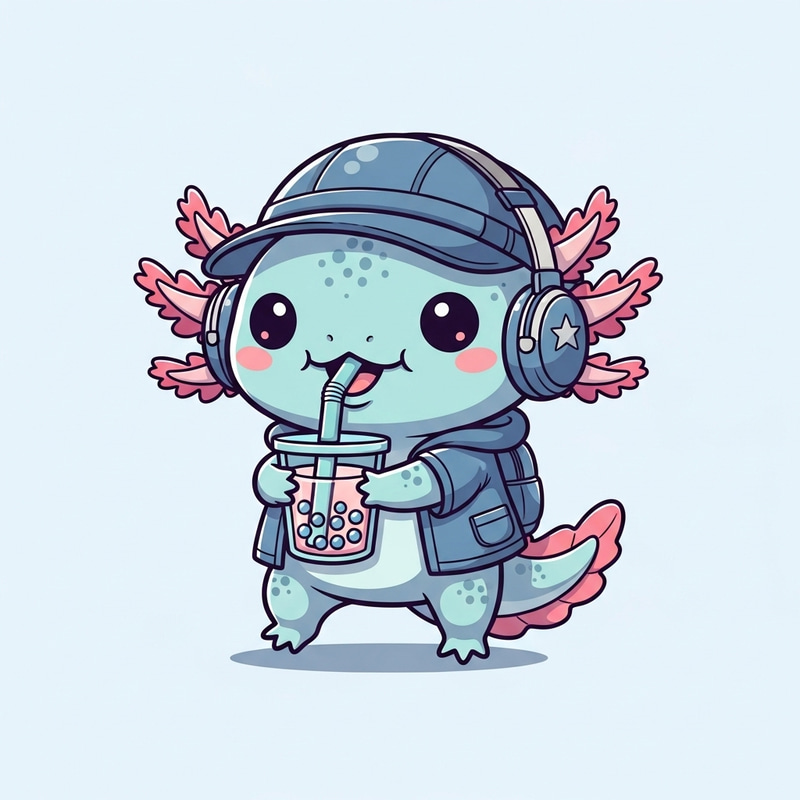 Charming Axolotl Kawaii Illustration Sipping Bubble Tea Charming Axolotl Kawaii Illustration Sipping Bubble Tea