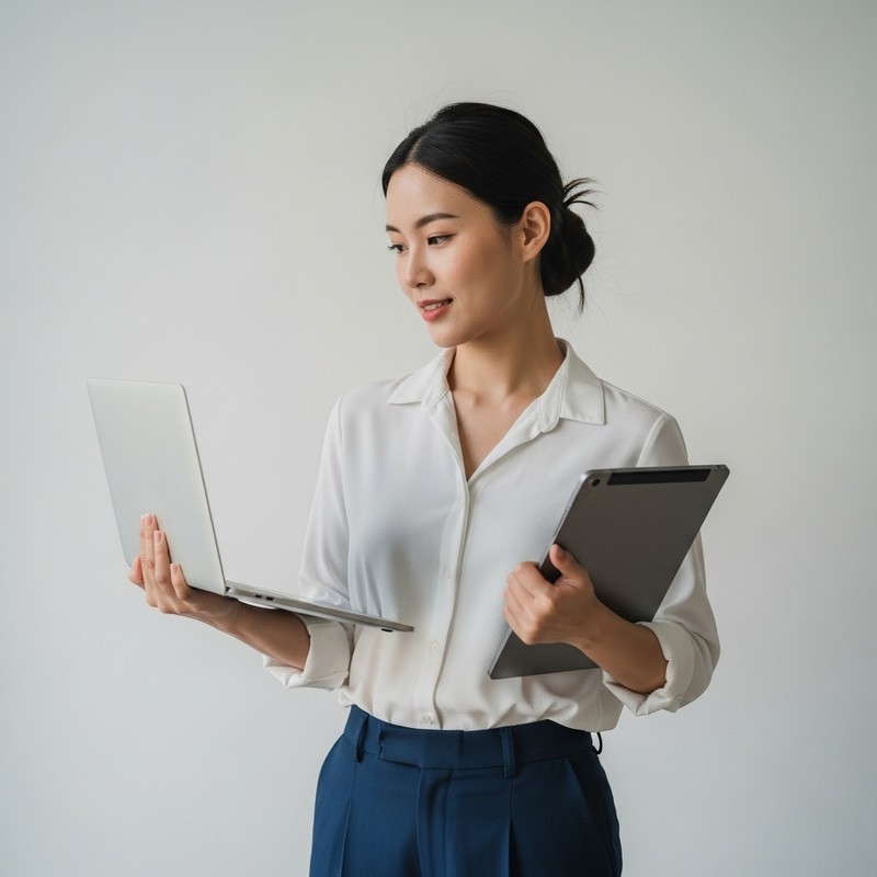 Confident Asian Woman with Laptop and Tablet | Smart Tech Professional Confident Asian Woman with Laptop and Tablet | Smart Tech Professional