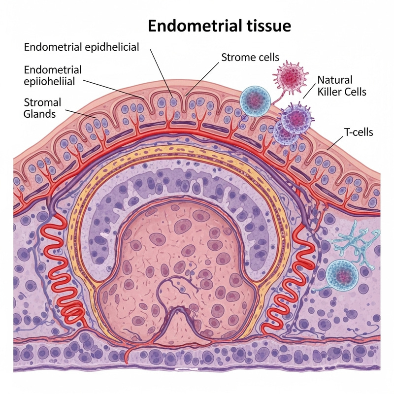 Illustration of Endometrial Tissue: Epithelial Cells, Glands & Blood Vessels