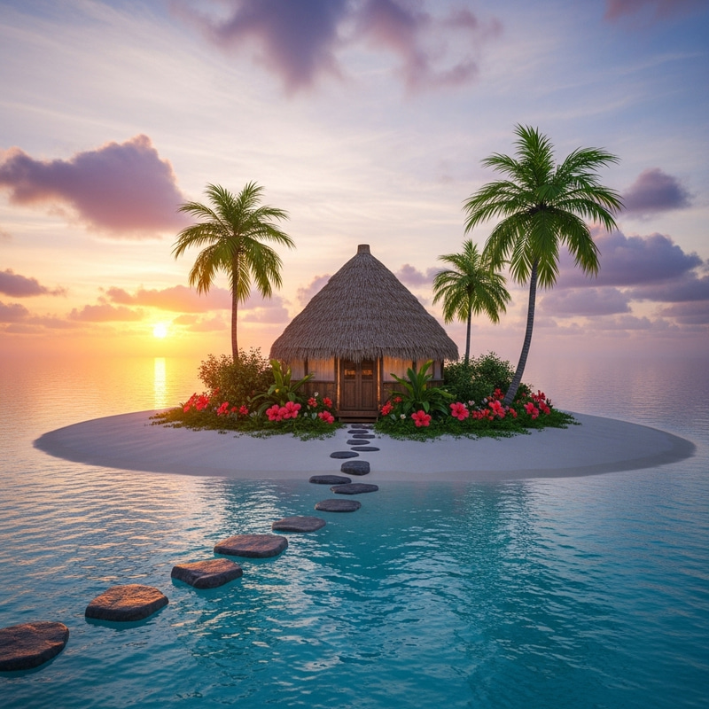 Tropical Island Paradise with Vibrant Hibiscus Flowers Tropical Island Paradise with Vibrant Hibiscus Flowers