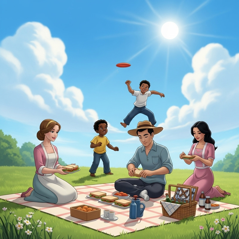 Warm Family Picnic Under Spring Sky Animated Scene Warm Family Picnic Under Spring Sky Animated Scene