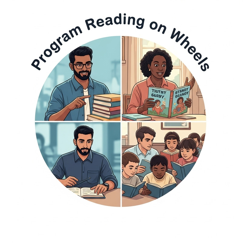 Illustrative Logo: Program Reading on Wheels for Educational Journey Illustrative Logo: Program Reading on Wheels for Educational Journey