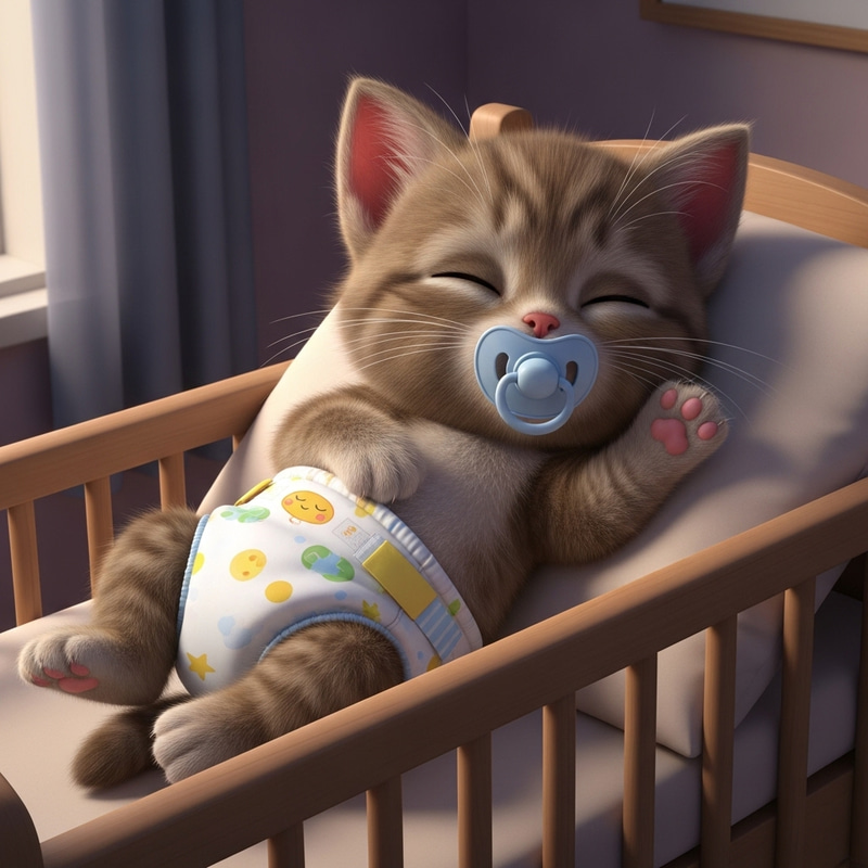 Cute Baby Kitten in Diapers and Pacifier Sleeping in Animated Crib