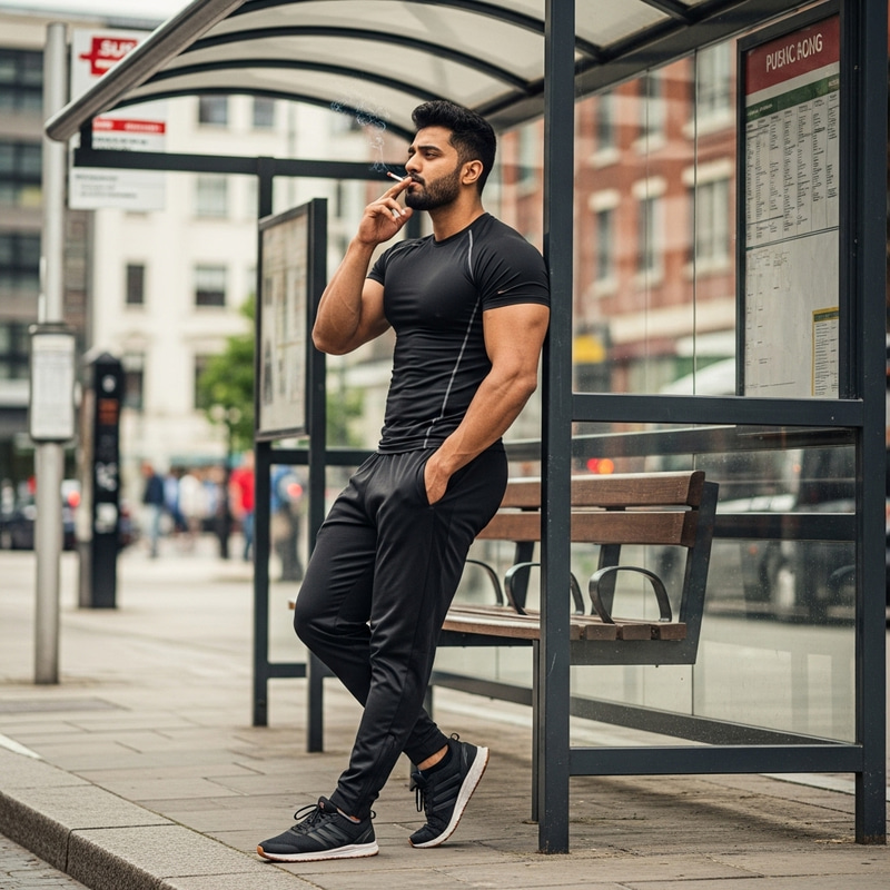 Muscular South Asian Man Waiting at Bus Stop