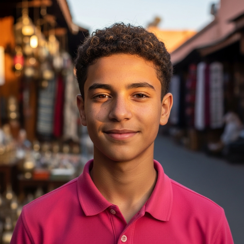 Moroccan Teen with Curly Hair in Fuchsia Pink Shirt
