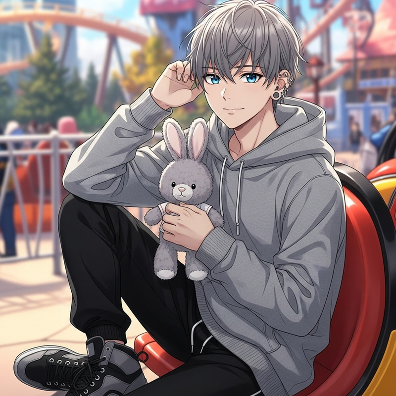 Stylish Boy with Blue Eyes and Grey Hair at Theme Park with Rabbit Teddy