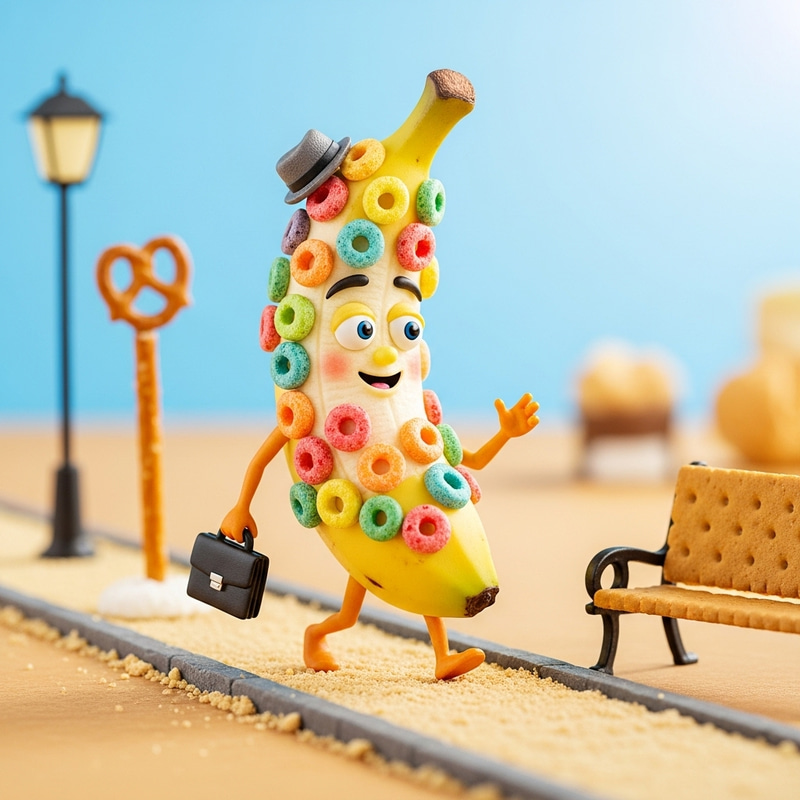 Whimsical Half-Peeled Banana Character with Fruit Loops Whimsical Half-Peeled Banana Character with Fruit Loops