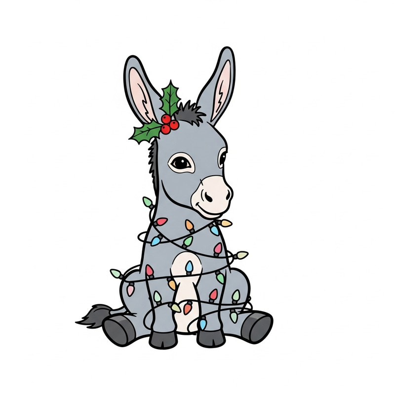 Cute Gray Donkey in Colorful Christmas Lights | Vector Artwork
