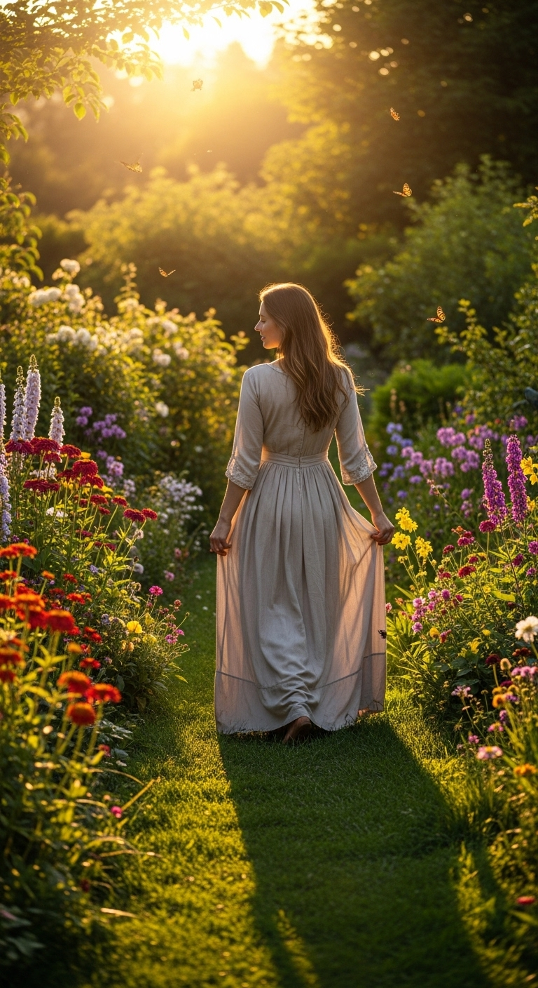 Irish Woman Gracefully Strolling in Lush Garden at Sunset Irish Woman Gracefully Strolling in Lush Garden at Sunset
