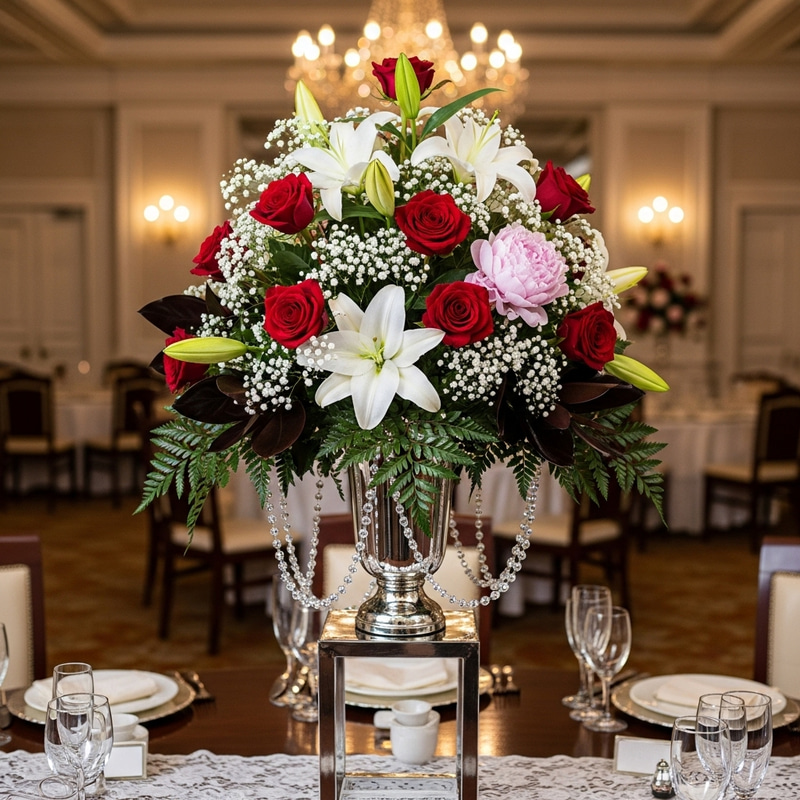 Elegant Flower Arrangement for Prestigious Events - Stunning Mix of Red Roses, White Lilies, Peonies & More
