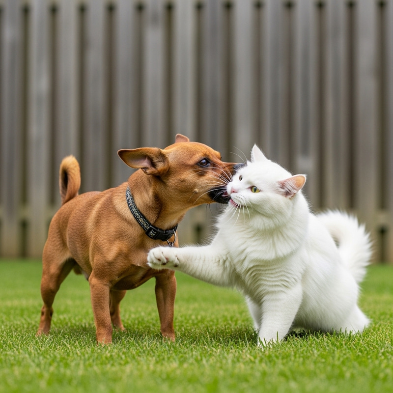 Playful Dog and Cat Fight in a Backyard