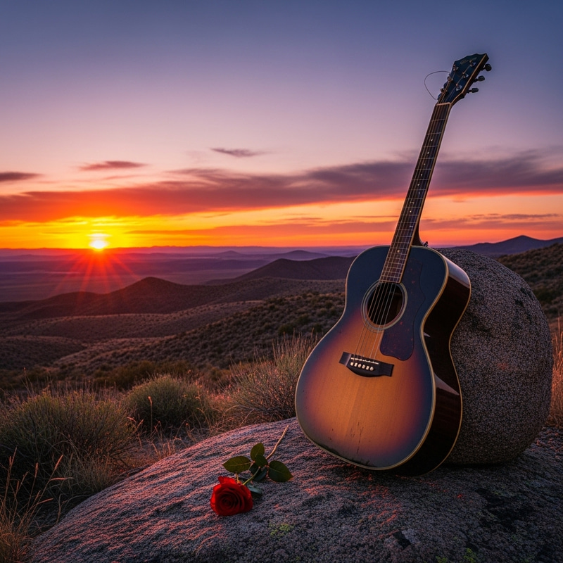 Guitar on Rock with Sunset and Rose Guitar on Rock with Sunset and Rose