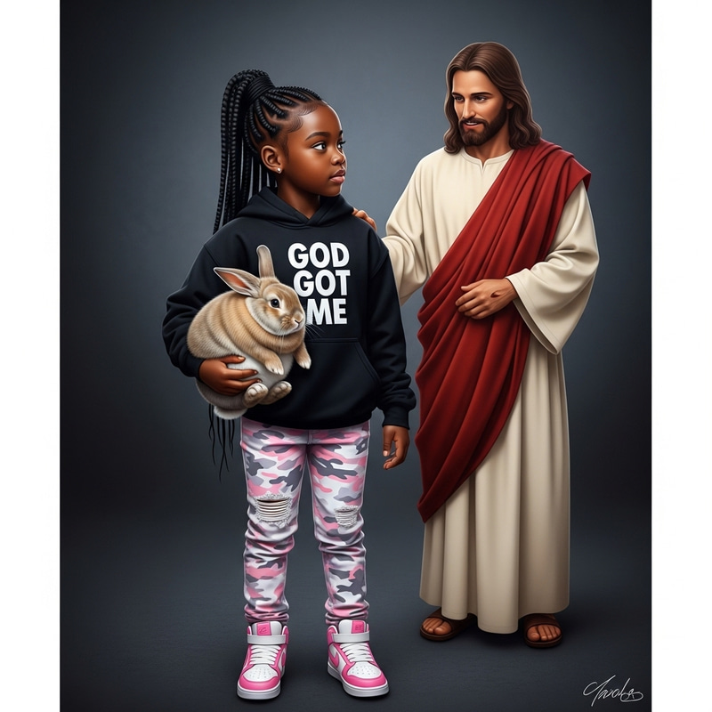 Realistic Airbrush Style Image of Young Black Girl in 'God Got Me' Hoodie with Jesus and Fluffy Rabbit Realistic Airbrush Style Image of Young Black Girl in 'God Got Me' Hoodie with Jesus and Fluffy Rabbit