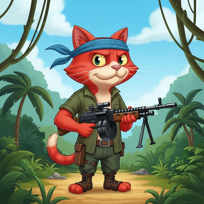 Leopold the Red Cat: Soviet Cartoon Rambo in Jungle with Machine Gun