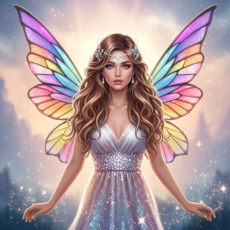 Enchanting Feminine Fantasy Fairy with Honey Blonde Wavy Hair & Colorful Wings Enchanting Feminine Fantasy Fairy with Honey Blonde Wavy Hair & Colorful Wings