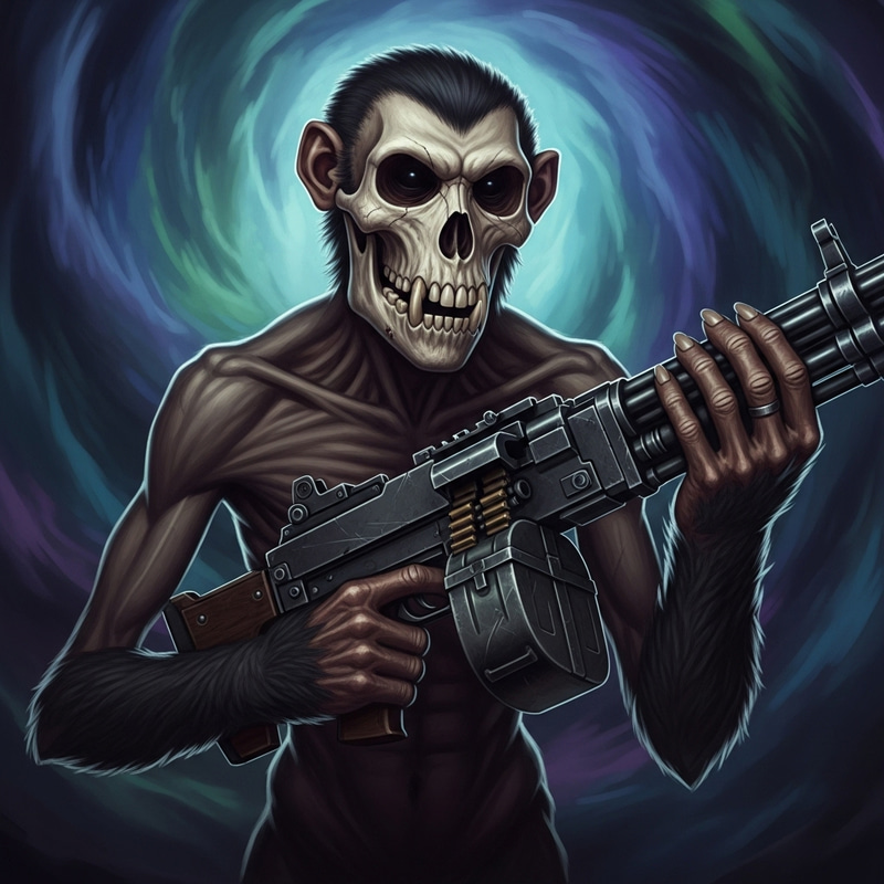 Fantasy Monkey Skull Machine Gun Illustration