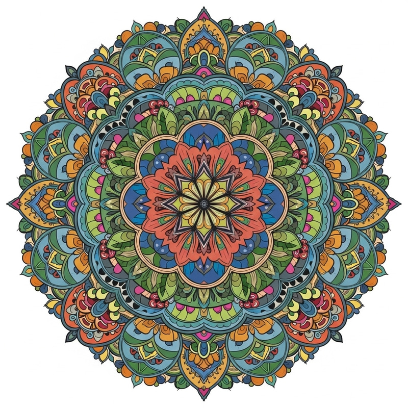 Vibrant Floral Mandala with Intricate Leaf and Flower Designs Vibrant Floral Mandala with Intricate Leaf and Flower Designs