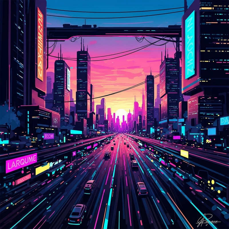 Neon Cyberpunk Cityscape | Futuristic Sunset Artwork