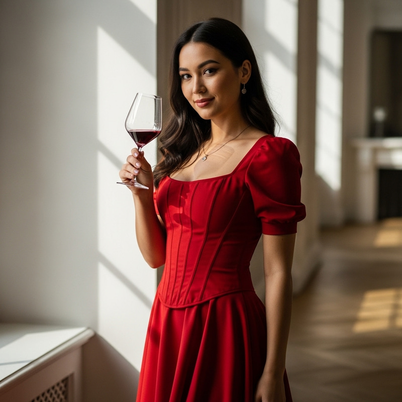 Graceful Woman in Red Corset Savoring Wine