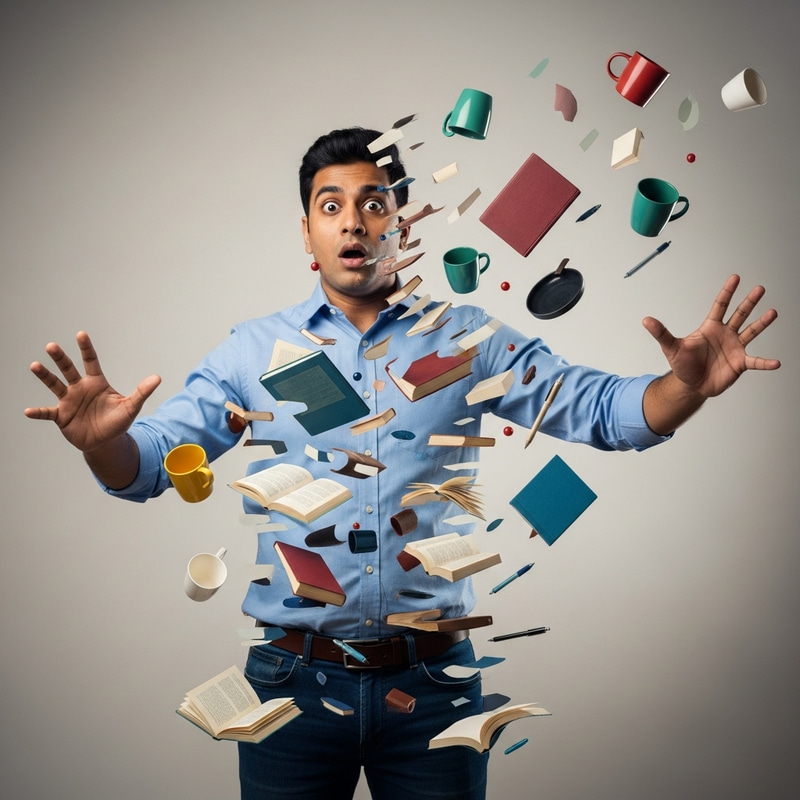 Confused South Asian Man Surrounded by Objects