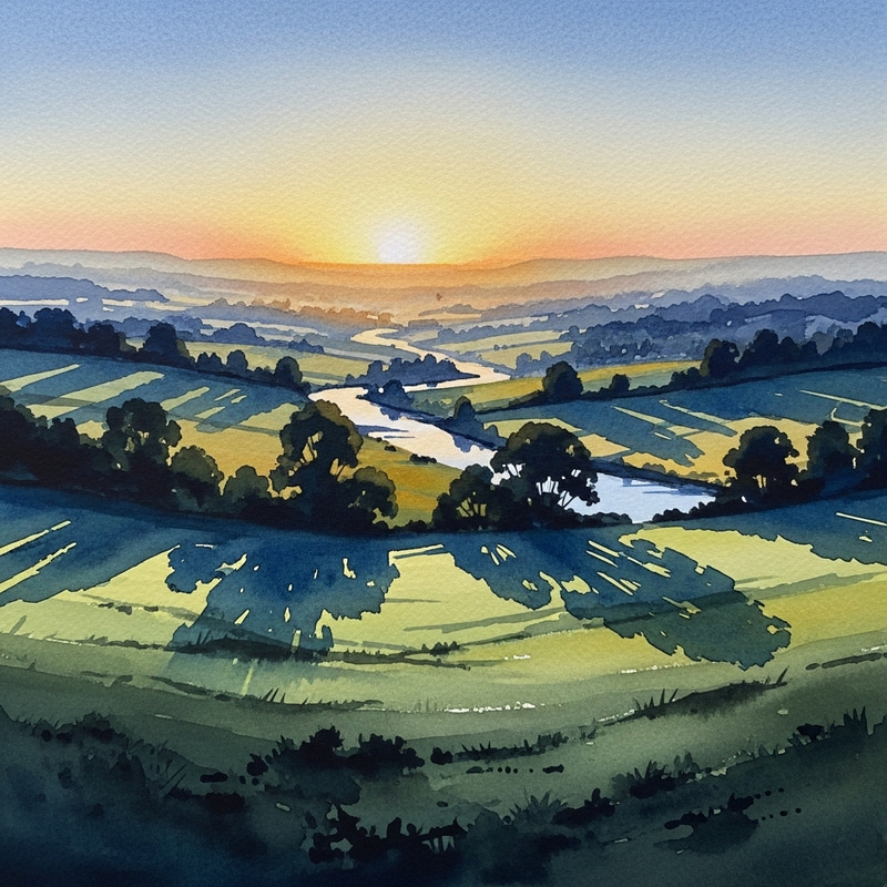 Watercolor Abstract Landscape: Rolling Hills & River Painting Watercolor Abstract Landscape: Rolling Hills & River Painting