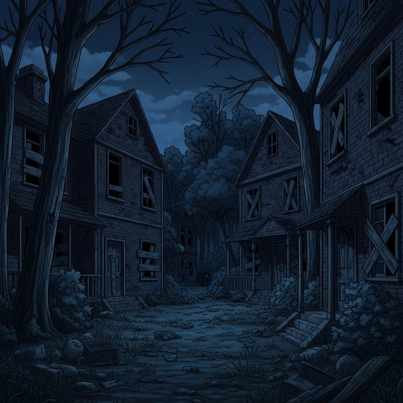 Eerie Nightscape: Abandoned Brick Houses & Trees in Ghibli Style Eerie Nightscape: Abandoned Brick Houses & Trees in Ghibli Style