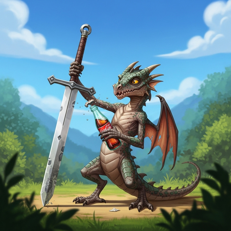 Feeble Dragon Comedy: Scraggly Dragon With Long Sword and Soda Feeble Dragon Comedy: Scraggly Dragon With Long Sword and Soda