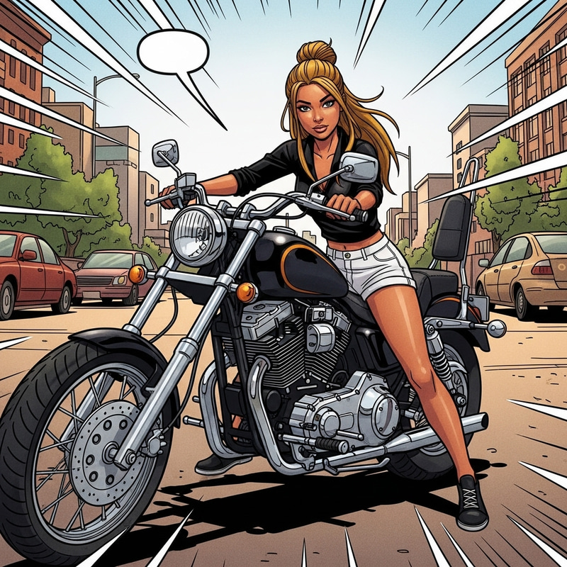 Comic Style Girl with Tan Skin and Long Light Hair on Motorcycle