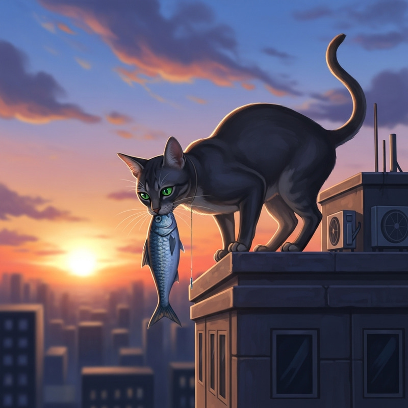 Cat on Building Enjoying Sunset with Fish