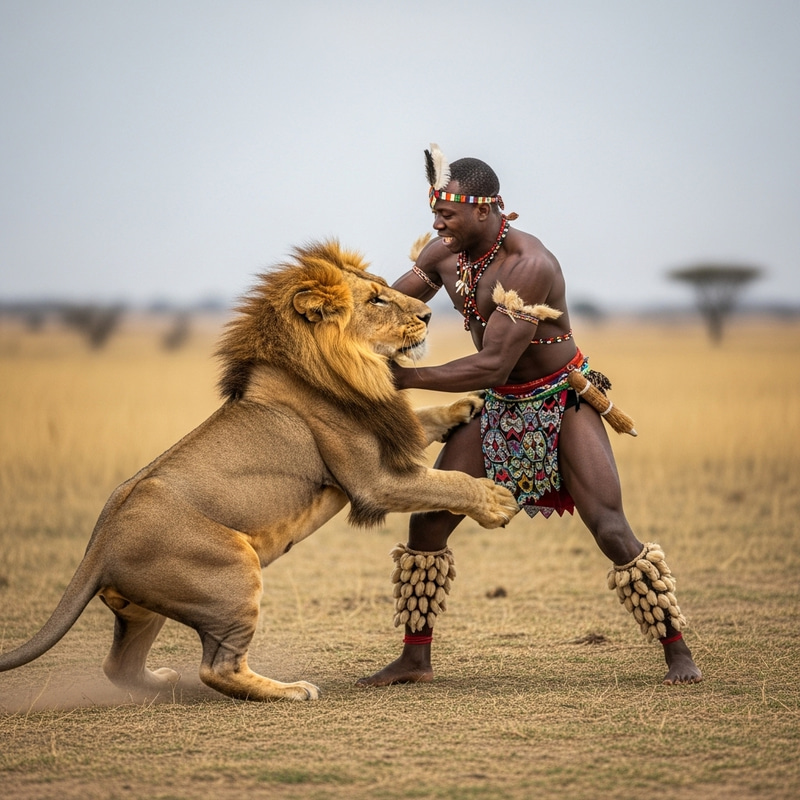 Black Man Wrestling Lion in Brave Showdown | Striking Tribal Display