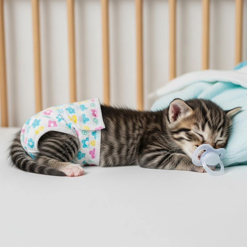 Cute Baby Kitten Sleeping in Crib with Diapers and Pacifier