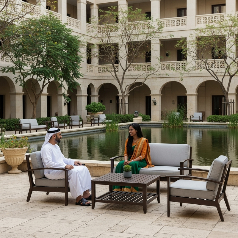 Outdoor Furniture Set by the Pond in Courtyard Outdoor Furniture Set by the Pond in Courtyard
