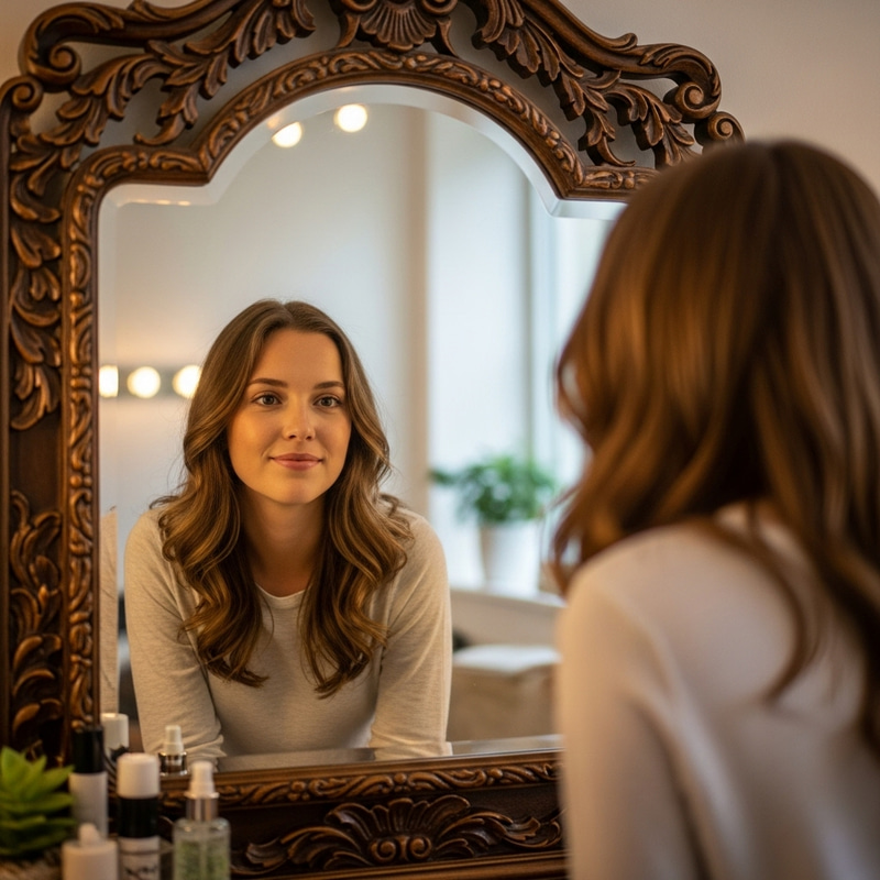 Hyperrealistic Portrait of Young Woman, 20, Smiling in Mirror Hyperrealistic Portrait of Young Woman, 20, Smiling in Mirror