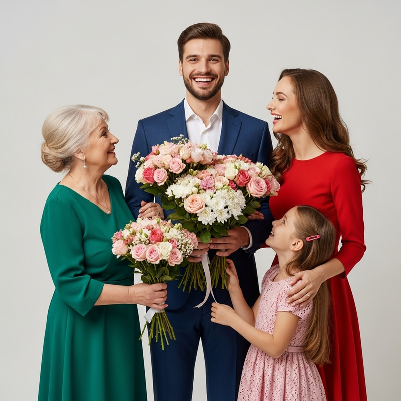 Charming Slavic Man in Classic Suit with Family and Bouquets Charming Slavic Man in Classic Suit with Family and Bouquets