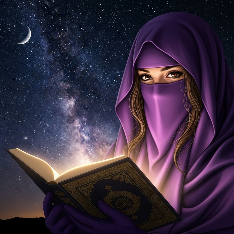 Beautiful Muslim Woman in Purple Niqab | Striking Brown Eyes | Starry Sky | Open Quran