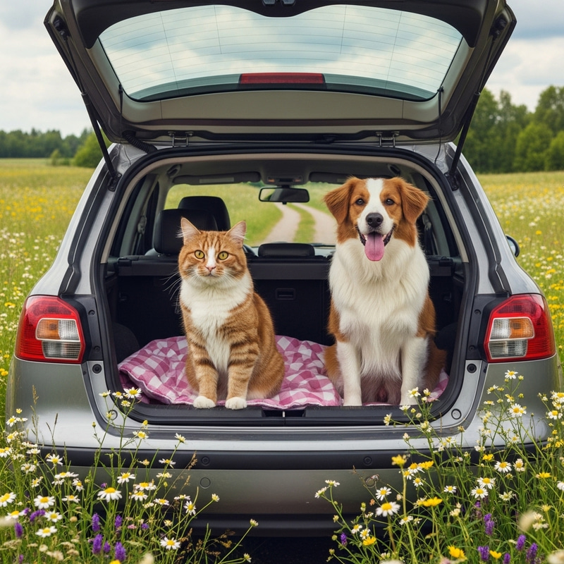 Cat and Dog Embark on Dacha Journey: Photorealistic Scene