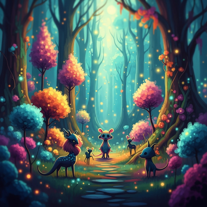 Mystical Forest: Vibrant Impressionism with Whimsical Creatures & Glowing Flowers