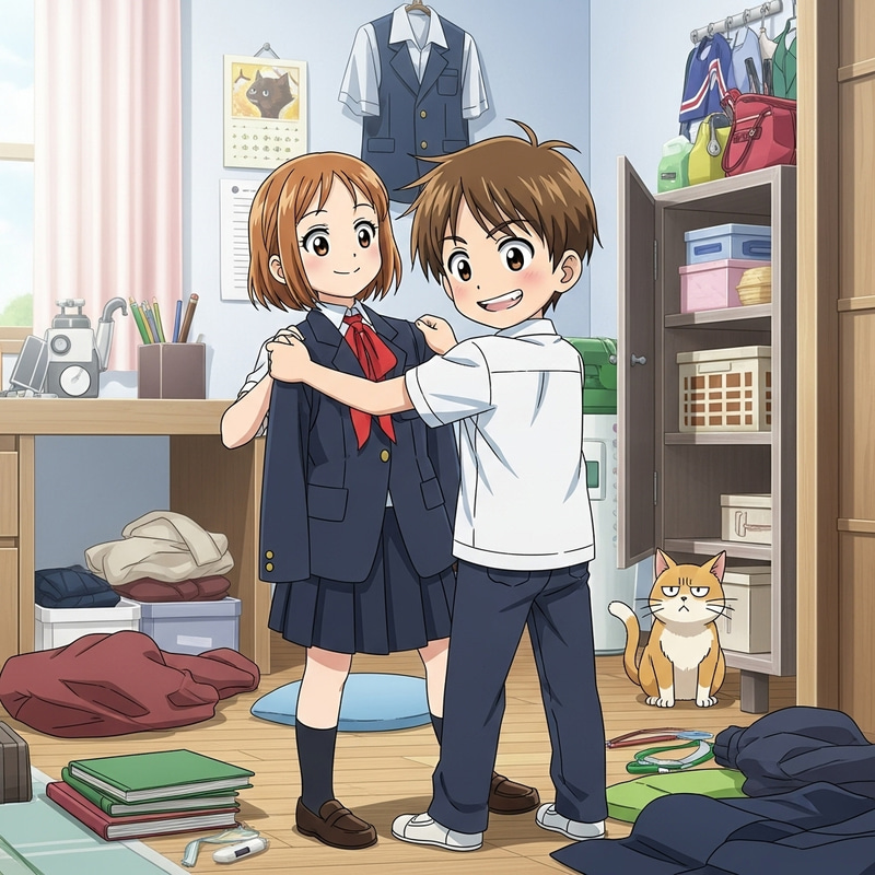 Mischievous Boy in Sister's School Uniform - Anime Comedy Scene Mischievous Boy in Sister's School Uniform - Anime Comedy Scene