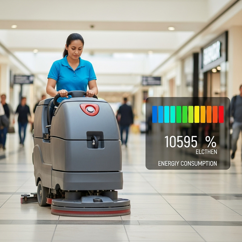 Hispanic Woman Operating Floor Scrubber in Mall with Energy Consumption Indicator