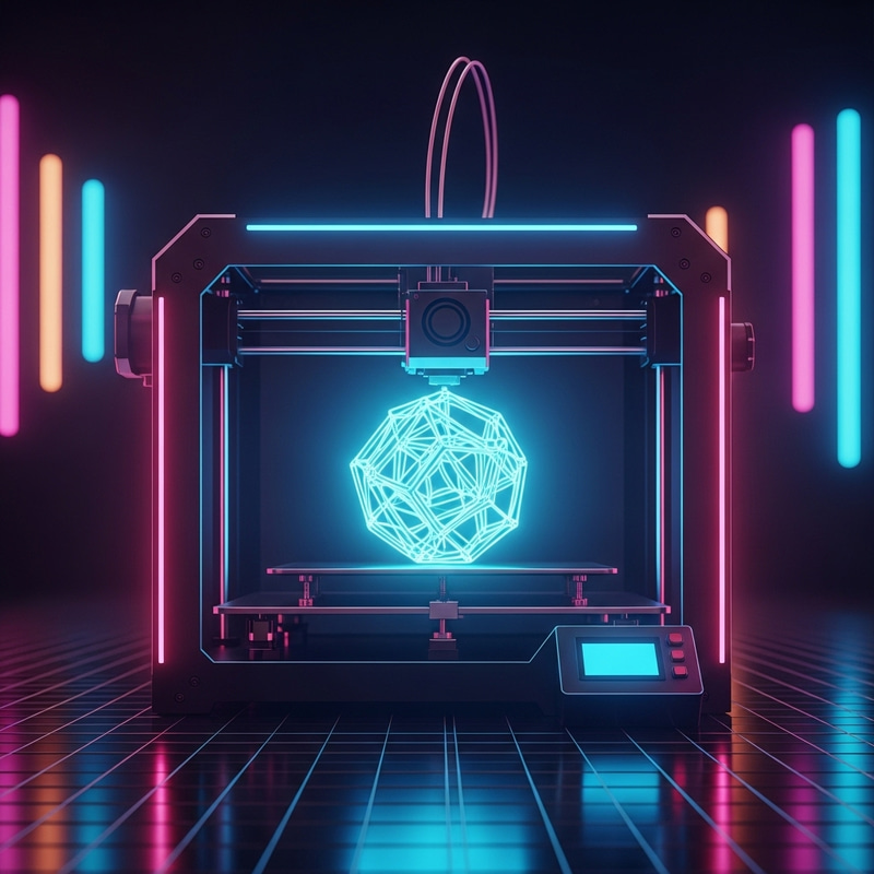 Innovative 3D Printer Scene with Neon Glow and Intricate Details