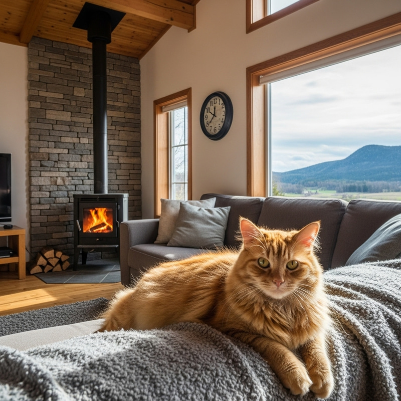 Cozy Cat on Couch with Chimney & Window Cozy Cat on Couch with Chimney & Window