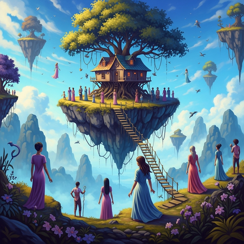 Whimsical Treehouse on Floating Island: Surreal Dreamscape Whimsical Treehouse on Floating Island: Surreal Dreamscape
