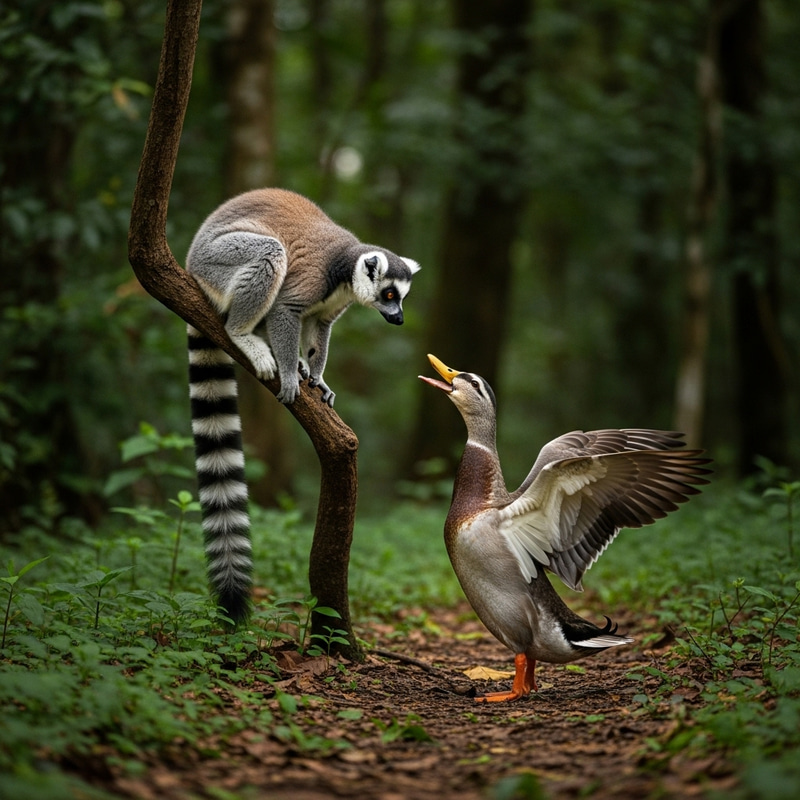 Lemur vs Duck: A Fierce Forest Face-Off Lemur vs Duck: A Fierce Forest Face-Off