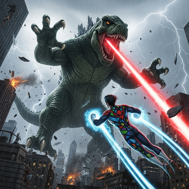 Epic Battle: Superhero vs Godzilla in City Skyline