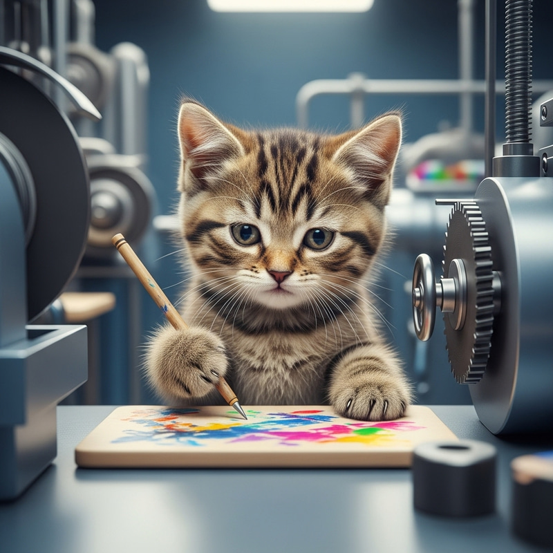 Cute Kitten Strives for Artistic Success in Factory Setting Cute Kitten Strives for Artistic Success in Factory Setting